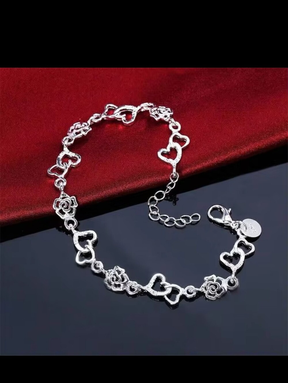 1pc 925 Sterling Silver 8in Charms Heart & Rose/flower Link Bracelet For Women. - Picture 7 of 12